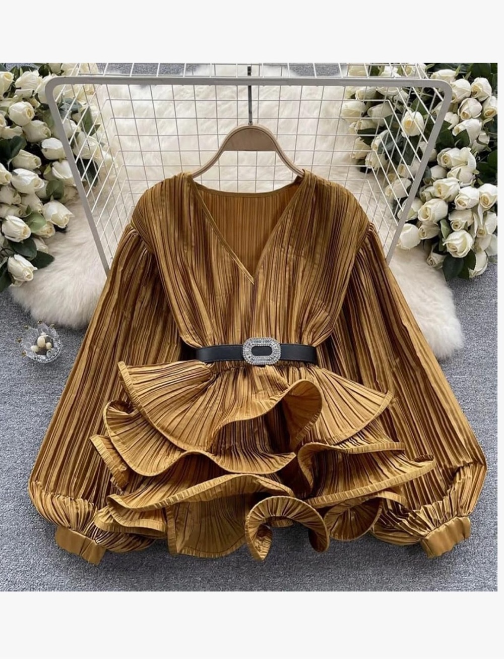 Satin Ruffle Belted V-Neck Long Sleeve Shirt- Preowned